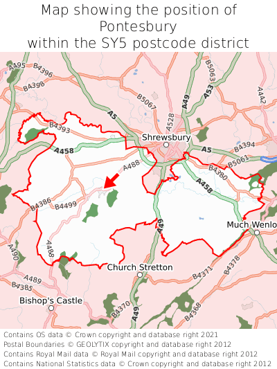 Map showing location of Pontesbury within SY5