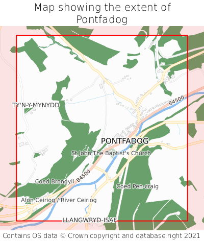 Map showing extent of Pontfadog as bounding box