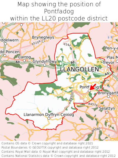 Map showing location of Pontfadog within LL20