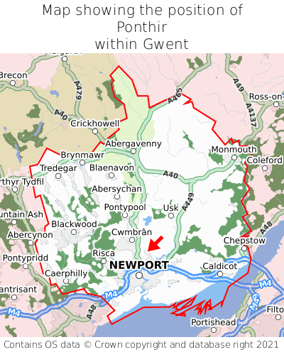 Map showing location of Ponthir within Gwent