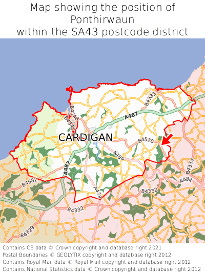 Map showing location of Ponthirwaun within SA43