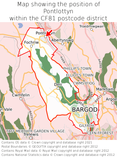 Map showing location of Pontlottyn within CF81