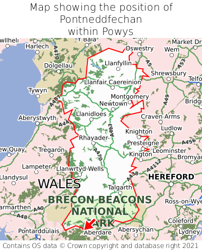 Map showing location of Pontneddfechan within Powys