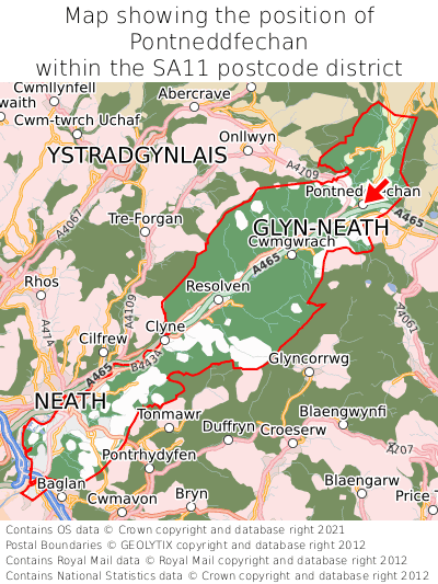 Map showing location of Pontneddfechan within SA11