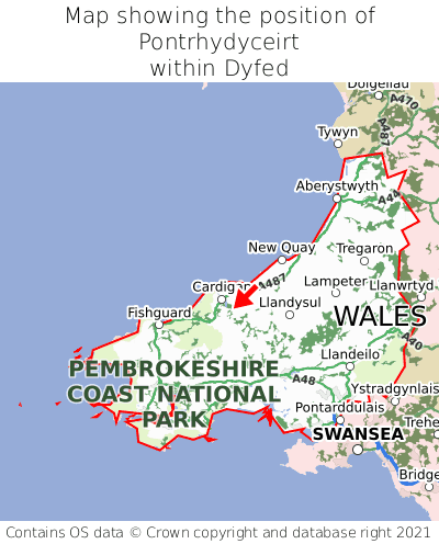 Map showing location of Pontrhydyceirt within Dyfed