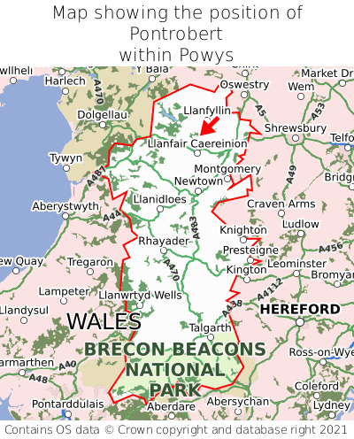 Map showing location of Pontrobert within Powys
