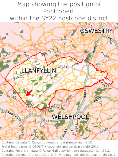 Map showing location of Pontrobert within SY22