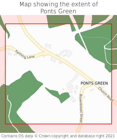 Map showing extent of Ponts Green as bounding box