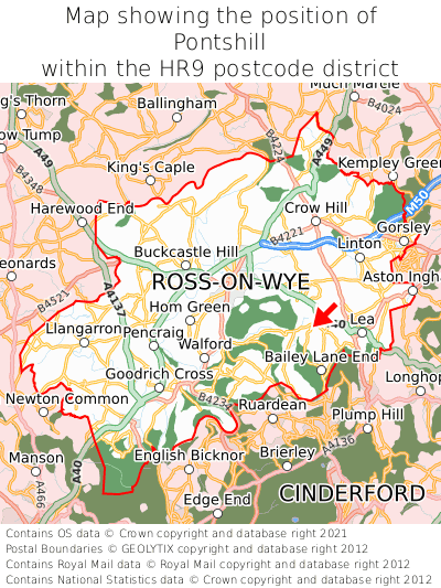 Map showing location of Pontshill within HR9