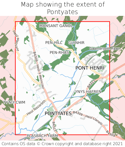 Map showing extent of Pontyates as bounding box