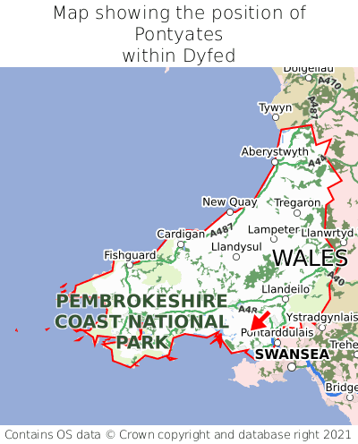 Map showing location of Pontyates within Dyfed