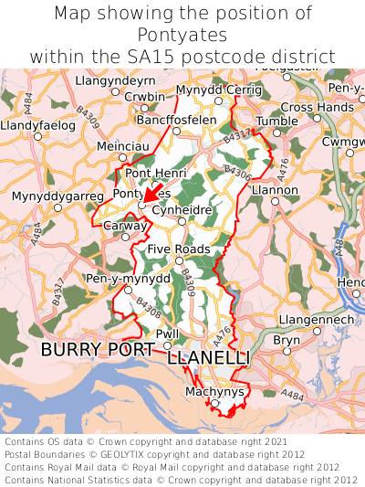 Map showing location of Pontyates within SA15