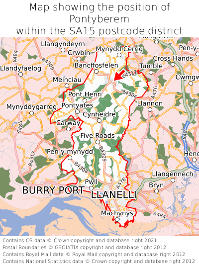 Map showing location of Pontyberem within SA15