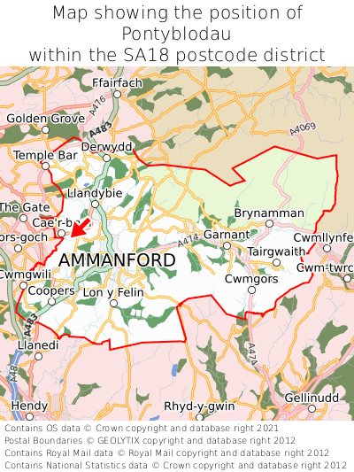 Map showing location of Pontyblodau within SA18