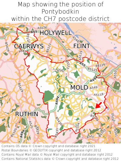 Map showing location of Pontybodkin within CH7