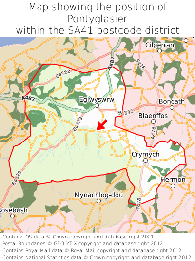 Map showing location of Pontyglasier within SA41
