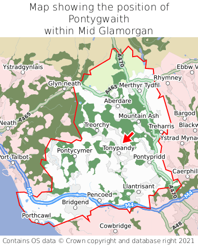 Map showing location of Pontygwaith within Mid Glamorgan