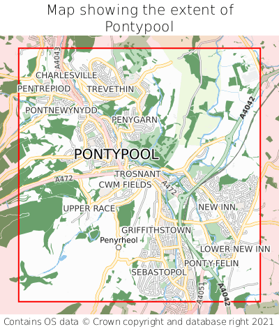 Map showing extent of Pontypool as bounding box