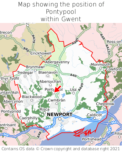 Map showing location of Pontypool within Gwent