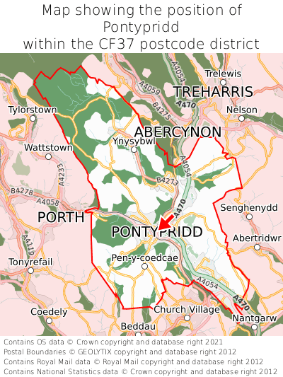 Map showing location of Pontypridd within CF37