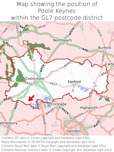 Map showing location of Poole Keynes within GL7