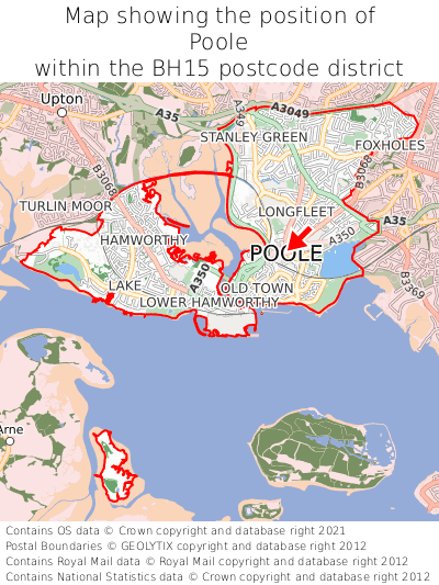 Map showing location of Poole within BH15