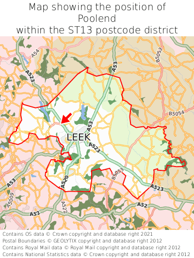 Map showing location of Poolend within ST13