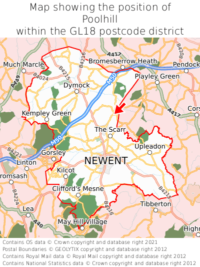 Map showing location of Poolhill within GL18
