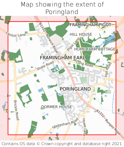 Map showing extent of Poringland as bounding box