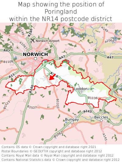 Map showing location of Poringland within NR14