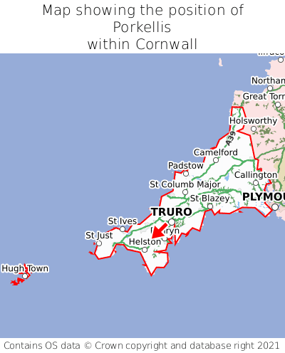 Map showing location of Porkellis within Cornwall