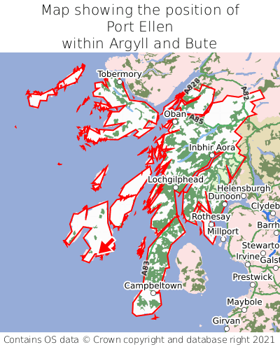 Map showing location of Port Ellen within Argyll and Bute