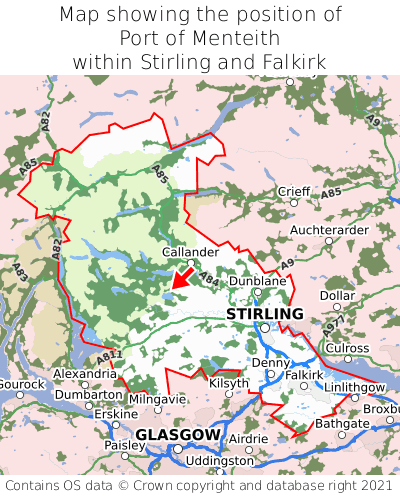 Map showing location of Port of Menteith within Stirling and Falkirk