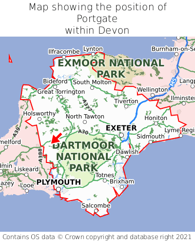 Map showing location of Portgate within Devon