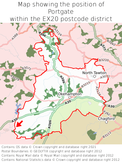 Map showing location of Portgate within EX20