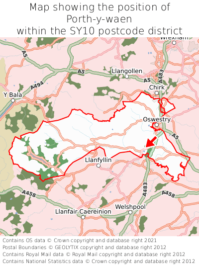 Map showing location of Porth-y-waen within SY10