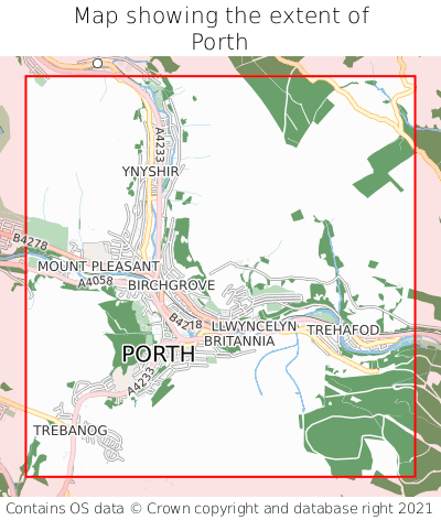 Map showing extent of Porth as bounding box