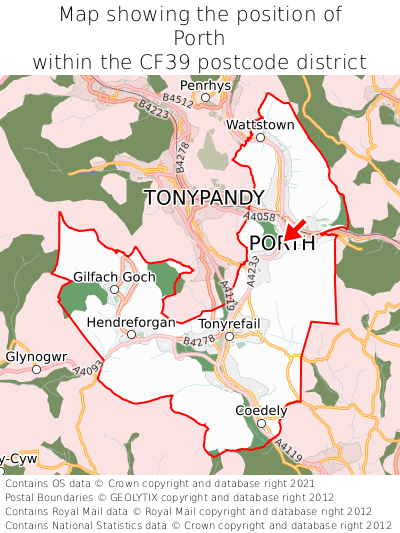 Map showing location of Porth within CF39