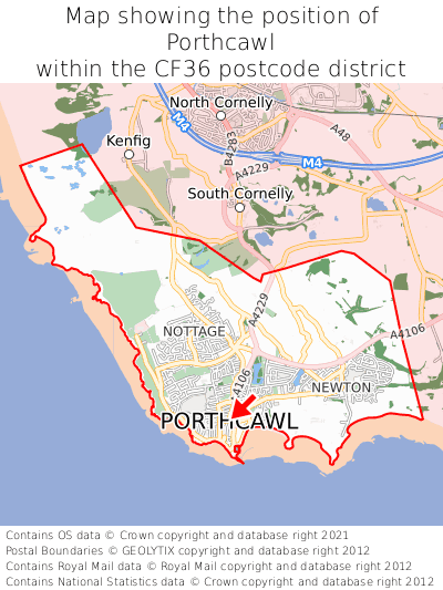 Map showing location of Porthcawl within CF36