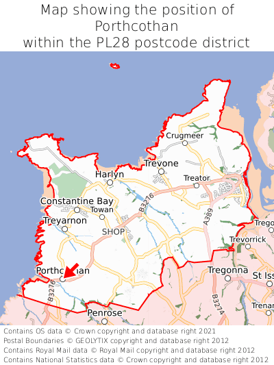 Map showing location of Porthcothan within PL28