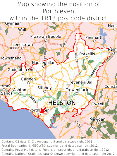 Map showing location of Porthleven within TR13