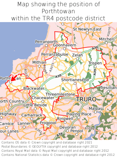 Map showing location of Porthtowan within TR4