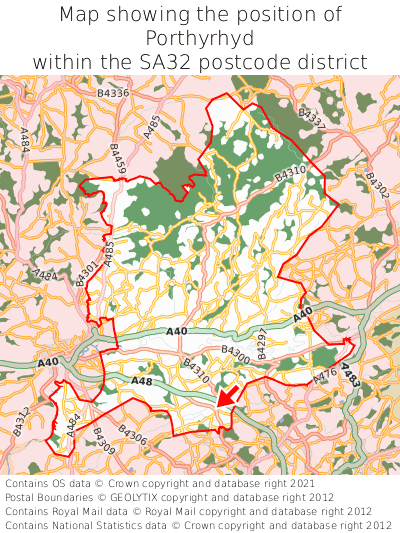 Map showing location of Porthyrhyd within SA32