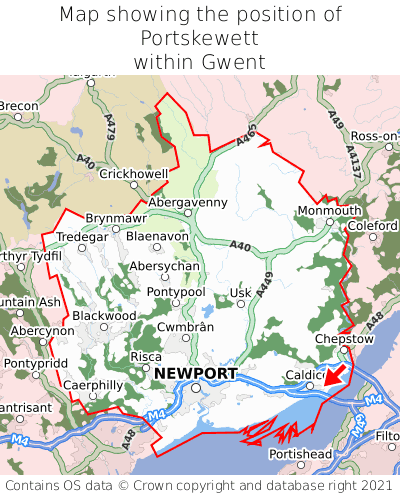 Map showing location of Portskewett within Gwent