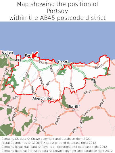 Map showing location of Portsoy within AB45