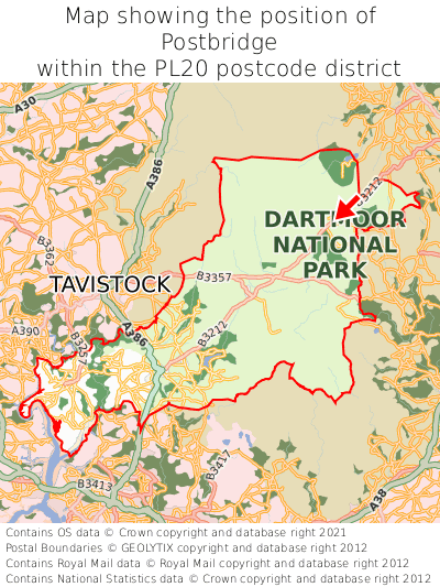 Map showing location of Postbridge within PL20