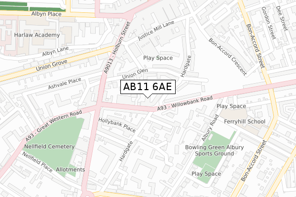 AB11 6AE map - large scale - OS Open Zoomstack (Ordnance Survey)