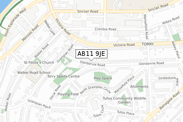 AB11 9JE map - large scale - OS Open Zoomstack (Ordnance Survey)