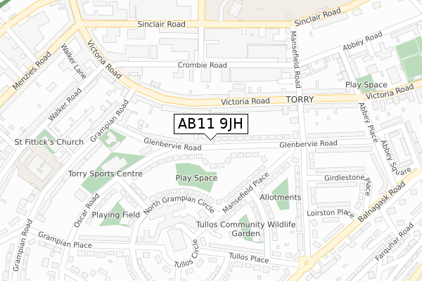 AB11 9JH map - large scale - OS Open Zoomstack (Ordnance Survey)