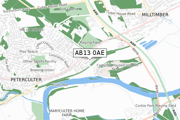 AB13 0AE map - small scale - OS Open Zoomstack (Ordnance Survey)
